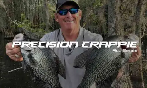 Angler displaying two slab crappie with the Precision Crappie Rod Series logo super-imposed.