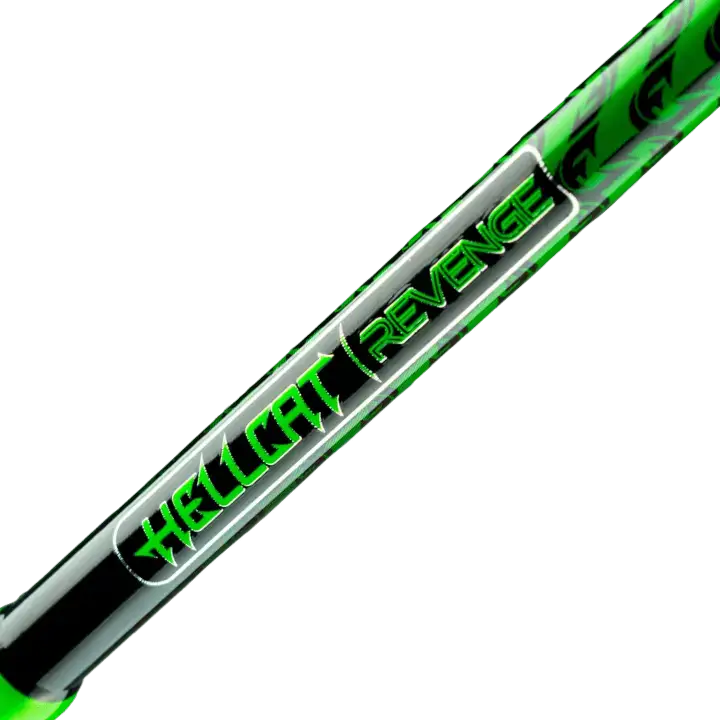 Close-up detail of the Green Hellcat Revenge® fishing rod showing the blank finish and component section.