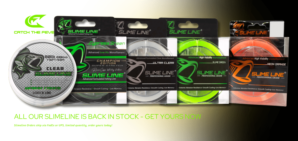 Array of Slime Line spools in ultra-clear, cypress green, slime green, and neon orange stacked against a glowing rod under black-light.