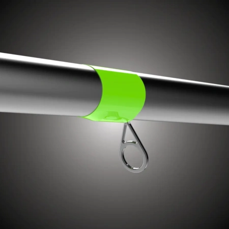 Close-up of a Precision Scope™ Livescope fishing rod guide eyelet mounted on the blank for forward-facing sonar applications.