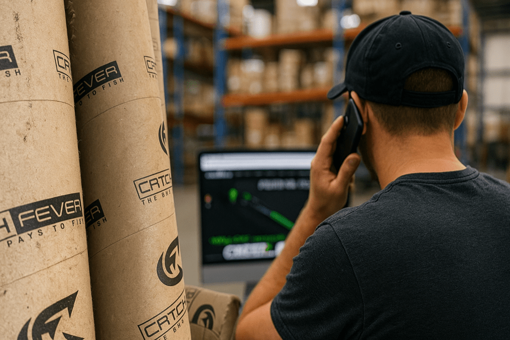Catch The Fever warehouse support agent examining order data on a computer while speaking on the phone, with branded shipping tubes in sharp foreground focus.