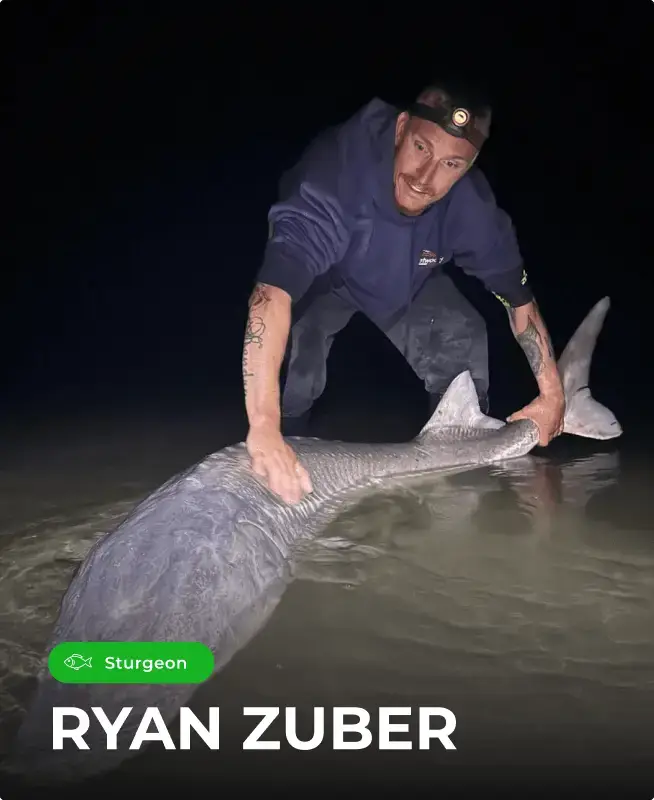 Ryan Zuber landing a trophy sturgeon at night using a Catch the Fever heavy-power rod