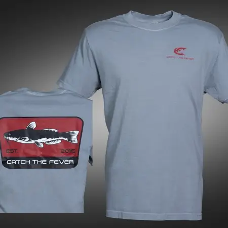 Front and back views of a grey Catfish short sleeve lifestyle T shirt featuring a large red catfish graphic with the Catch The Fever® logo and ‘EST. 2015’ on the back, and a small red logo on the chest.