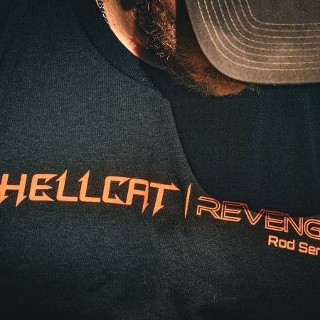 Close-up of Black Hellcat Revenge T-shirt with orange Hellcat Revenge logo
