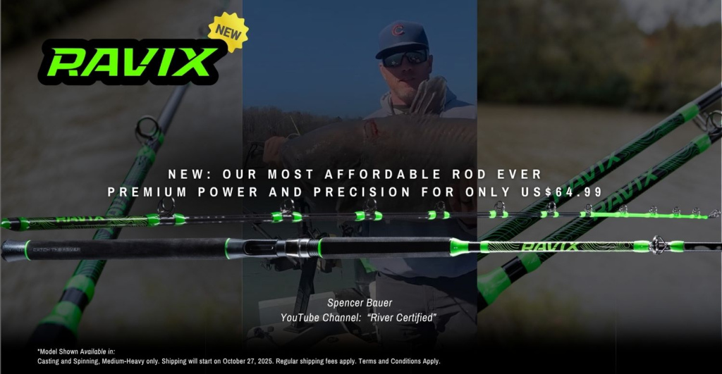Promotional banner for the Ravix rod series by Catch The Fever, featuring Spencer Bauer and text announcing the company’s most affordable rod ever, priced at US.99.