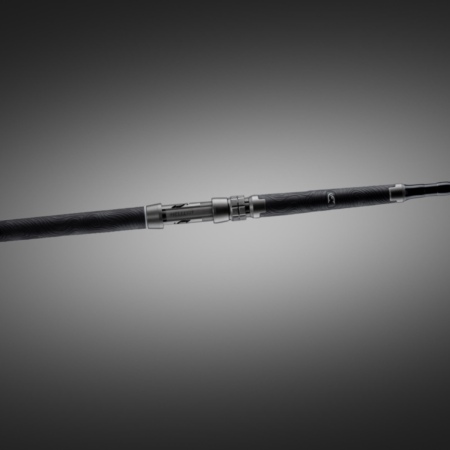 Side profile of the Hellcat Revenge Blackout Edition rod with grip, reel seat, and blank displayed against a dark gradient background.
