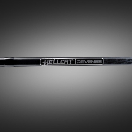 Close-up of the Hellcat Revenge Blackout Edition rod blank displaying the series logo on a dark gradient background.