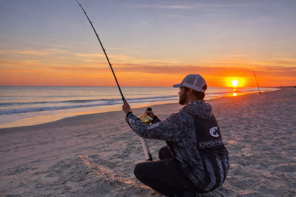 Angler surf-fishing at golden hour on a wide beach, holding a heavy rod and reel during a land-based shark fishing session.