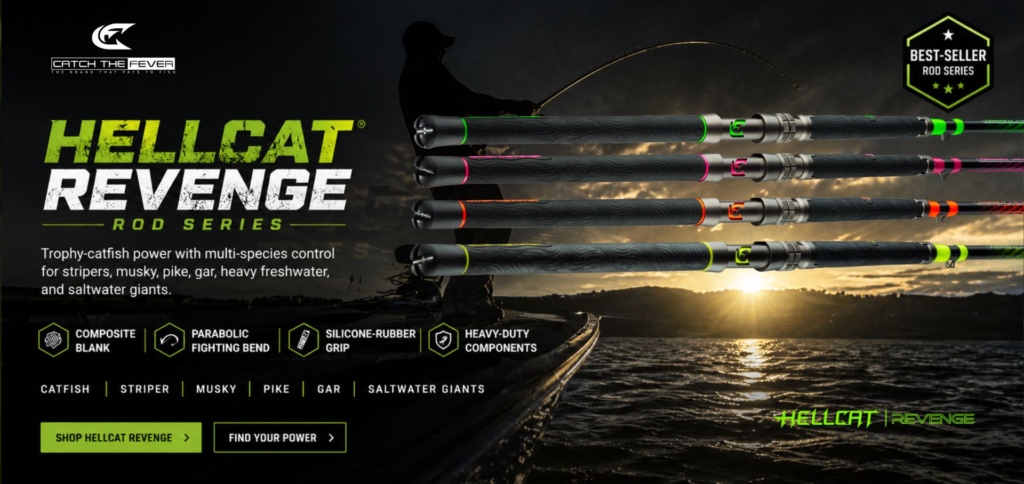 Hellcat Revenge Rod Series banner showing multiple one-piece catfish and multi-species fishing rods for catfish, striper, musky, pike, gar, and saltwater giants.
